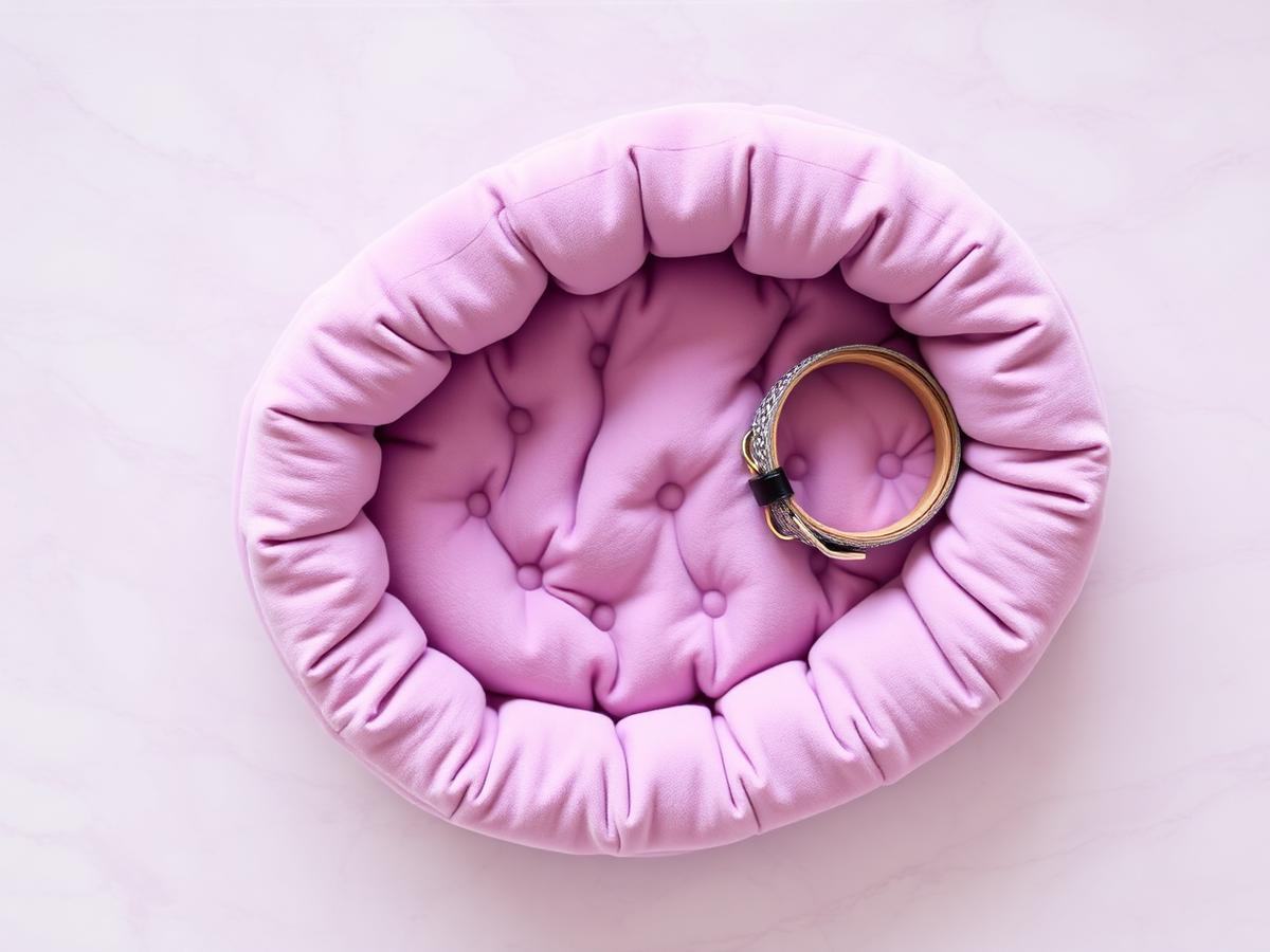 Pastel purple dog bed and collars flat lay